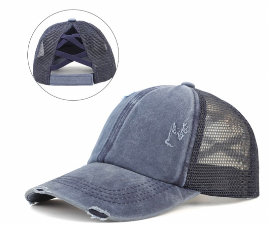 Navy Blue Structured Distressed Ponytail Criss Cross Back Baseball Trucker Hat Cap