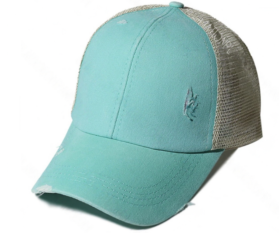 Teal Structured Distressed Ponytail Criss Cross Back Baseball Trucker Hat Cap