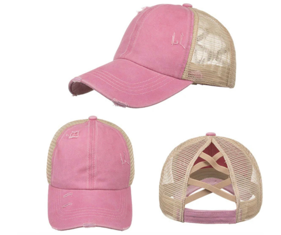 Pink Structured Distressed Ponytail Criss Cross Back Baseball Trucker Hat Cap