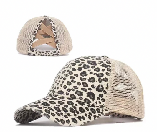 Light Brown Leopard Structured Distressed Ponytail Criss Cross Back Baseball Trucker Hat Cap