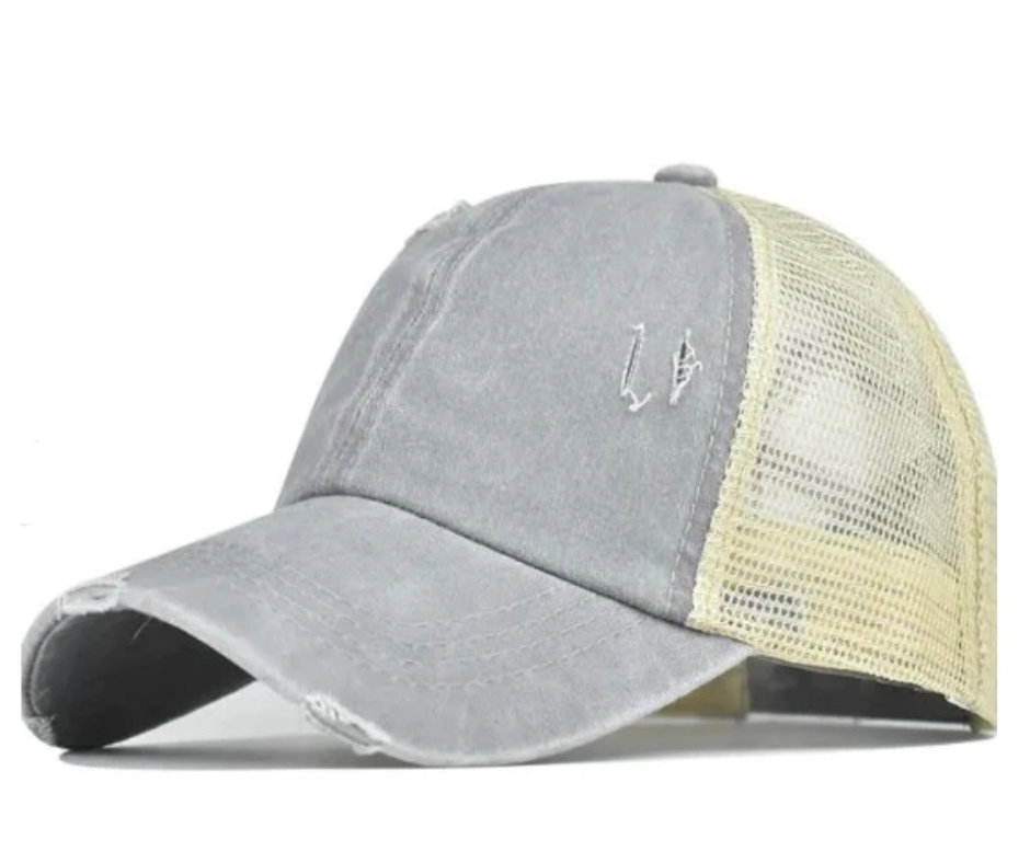 Light Grey Structured Distressed Ponytail Criss Cross Back Baseball Trucker Hat Cap