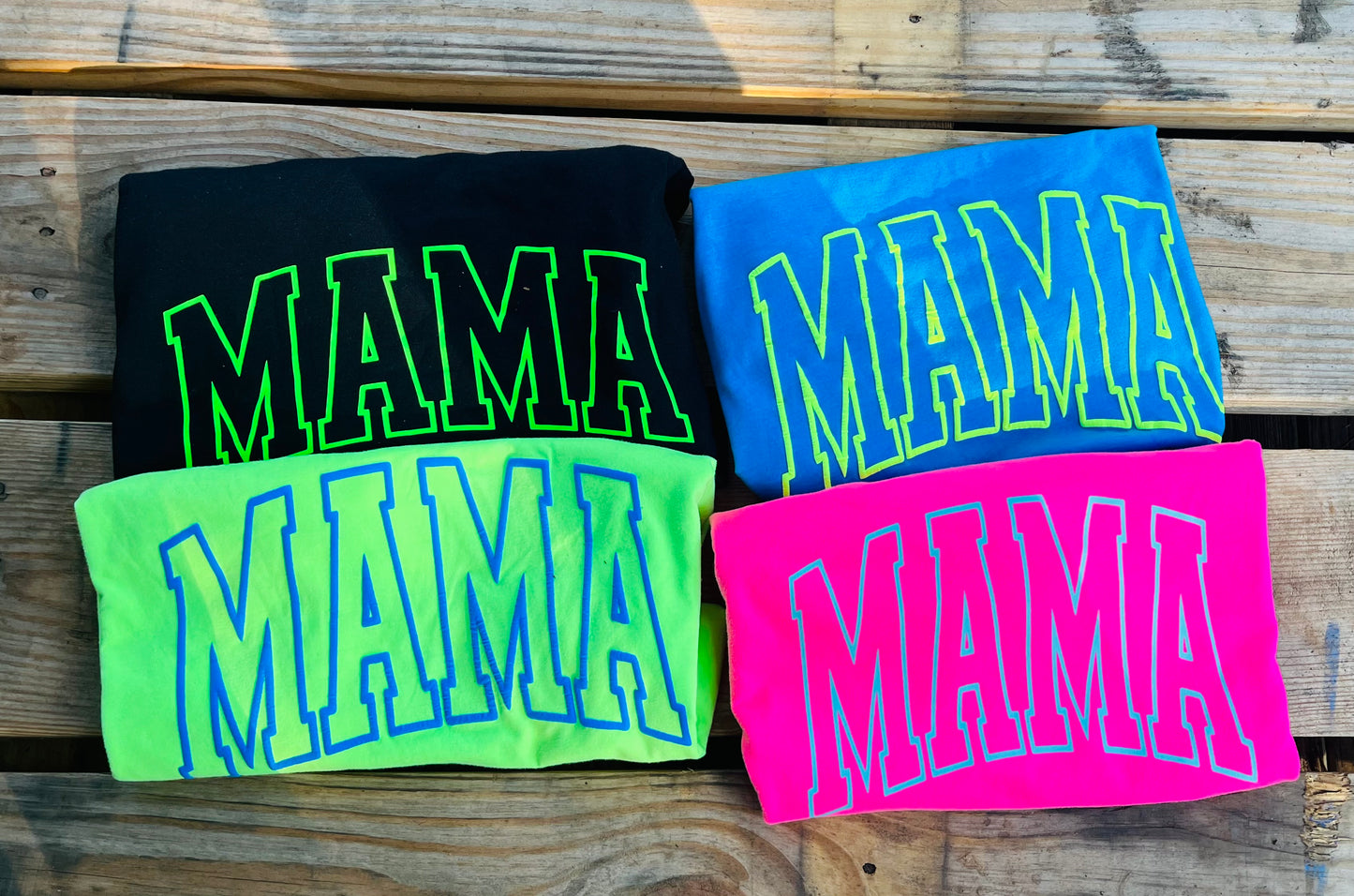 Mama Tees( type in the text box the color shirt and color of the Mama print)